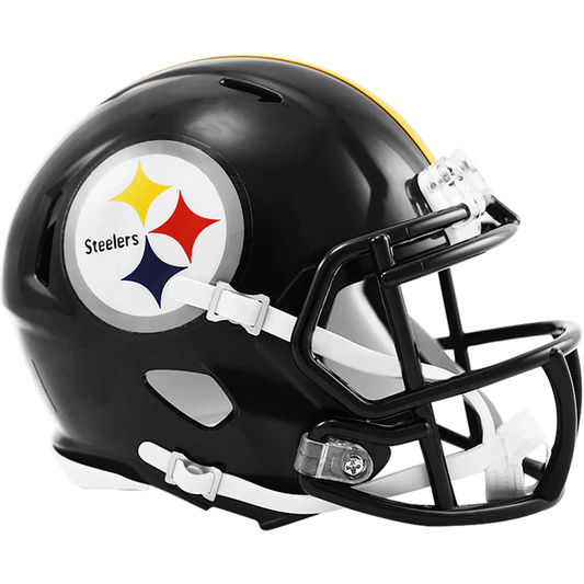 Pittsburgh Steelers NFL Speed Mini Helmet by Riddell with chinstrap, faceguard, foam padding, and official decals.