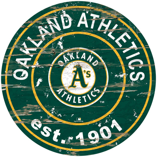 Oakland Athletics distressed round sign, 24" diameter. Features team graphics & established date. Indoor use only. Officially licensed.