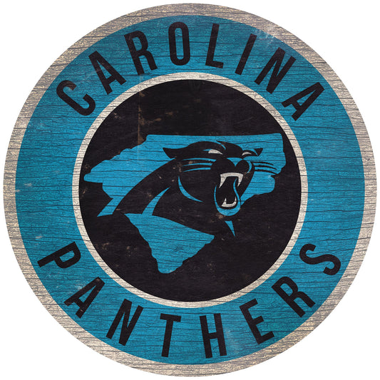 Carolina Panthers 12" Round Distressed Sign with state outline, featuring team colors and logo. Made in USA, officially licensed.