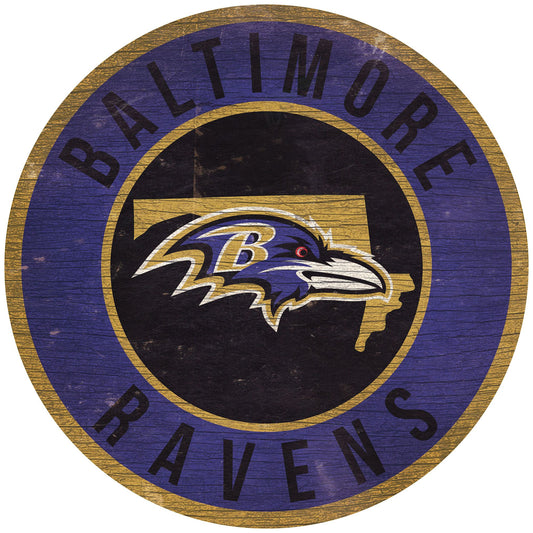 Baltimore Ravens 12" Round Distressed Sign with state outline, featuring team colors and logo. Made in USA, officially licensed.