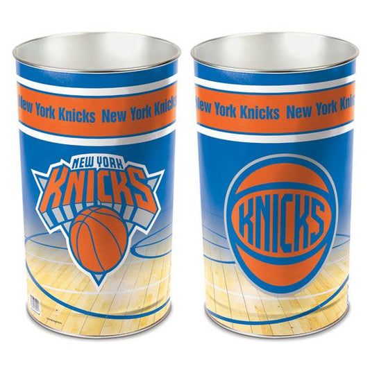 New York Knicks metal wastebasket with team logo and colors, perfect for fans and functional spaces.