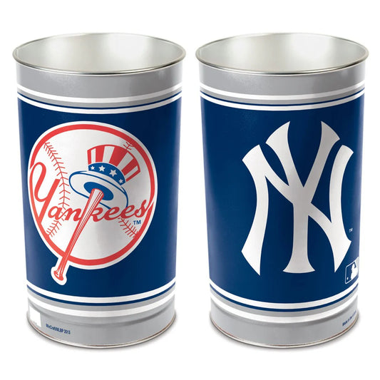 Official New York Yankees MLB metal trash can featuring team colors and logo, perfect for any fan's space.