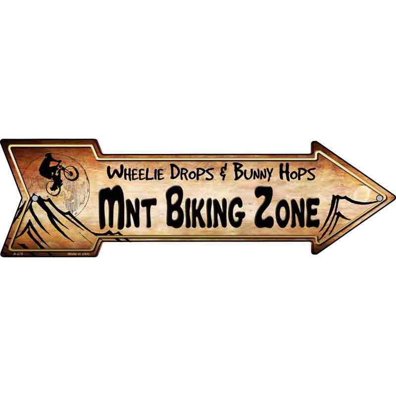 Mountain Biking Zone Metal Arrow Sign: 5"x17", weather-resistant aluminum, predrilled for easy mounting, made in the USA.