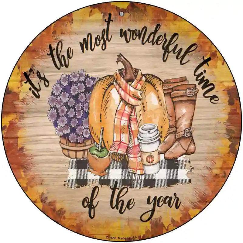 12" round fall-themed metal sign with “Wonderful Time of Year” text, aluminum, lightweight, made in the USA.