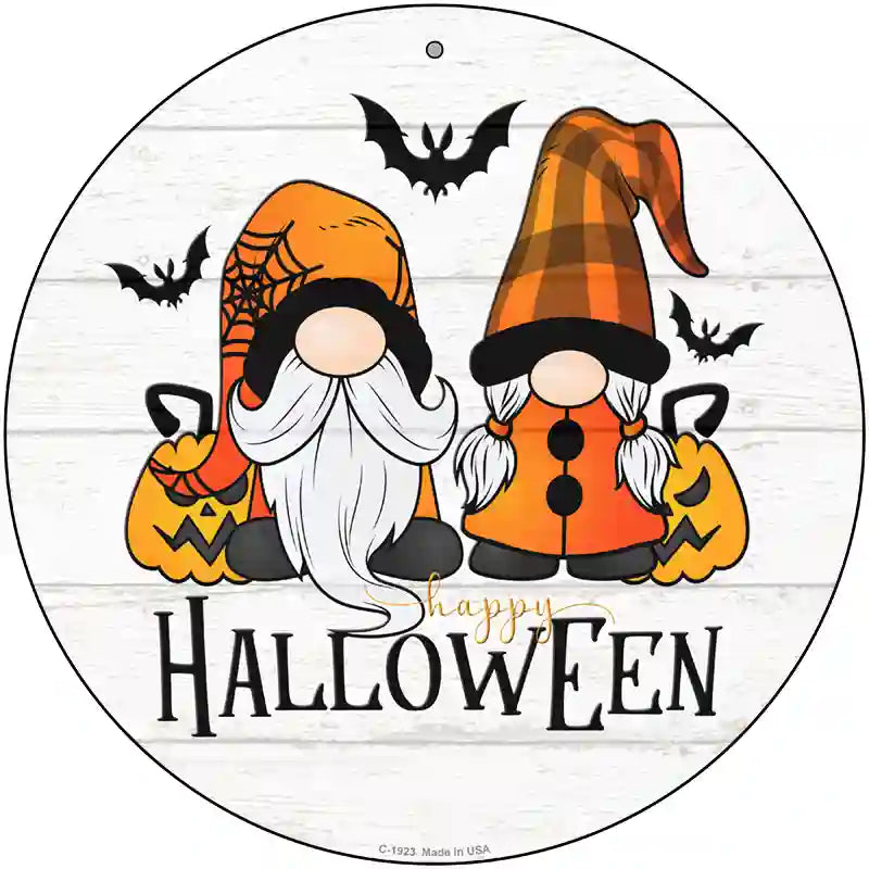 12" round Halloween sign with spooky gnomes, lightweight metal, easy to hang, made in the USA.