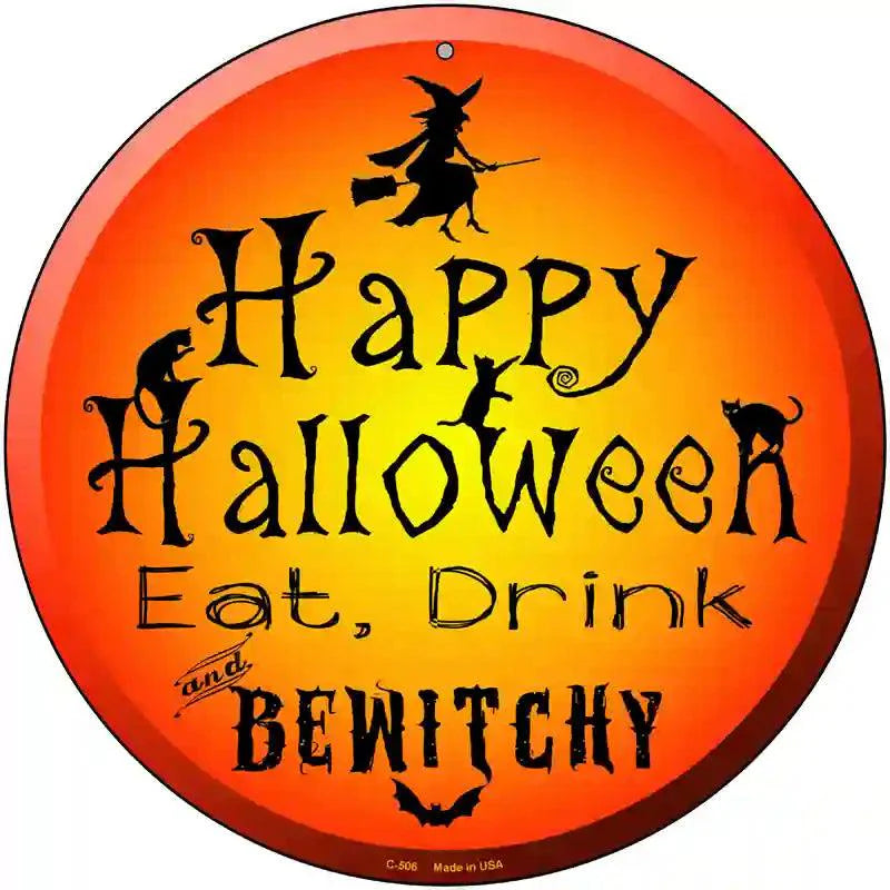 Round Happy Halloween metal sign, 12" diameter, lightweight aluminum, predrilled, made in USA for easy display.