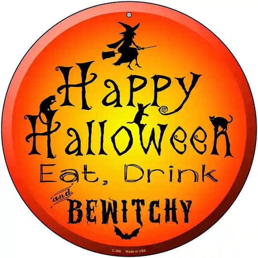 Round Happy Halloween metal sign, 12" diameter, lightweight aluminum, predrilled, made in USA for easy display.