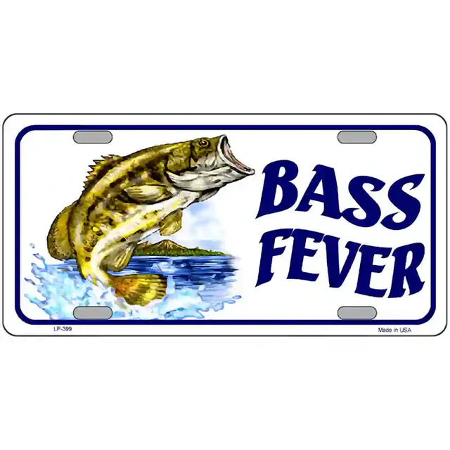 Bass Fever 6x12 aluminum novelty license plate, USA-made with weather-resistant finish and predrilled holes.