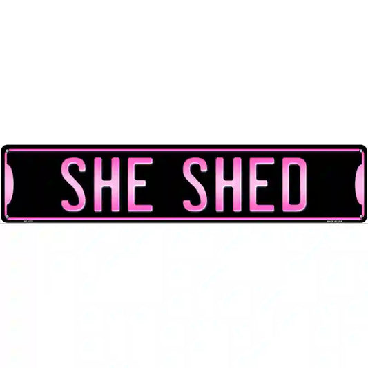 She Shed novelty metal street sign, 24x5 inches, made in the USA with weather-resistant aluminum for indoor or outdoor use