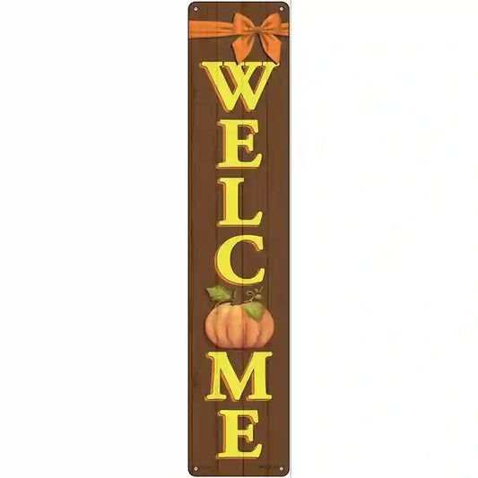 Welcome Pumpkin novelty street sign, 24x5 aluminum, lightweight, weather-resistant, autumn décor, made in USA.