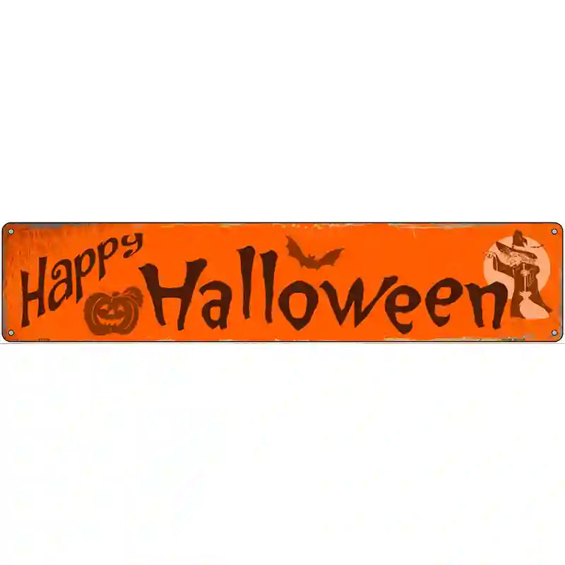 Happy Halloween novelty street sign, 24x5 inches, aluminum, weather-resistant, made in USA, easy to mount.
