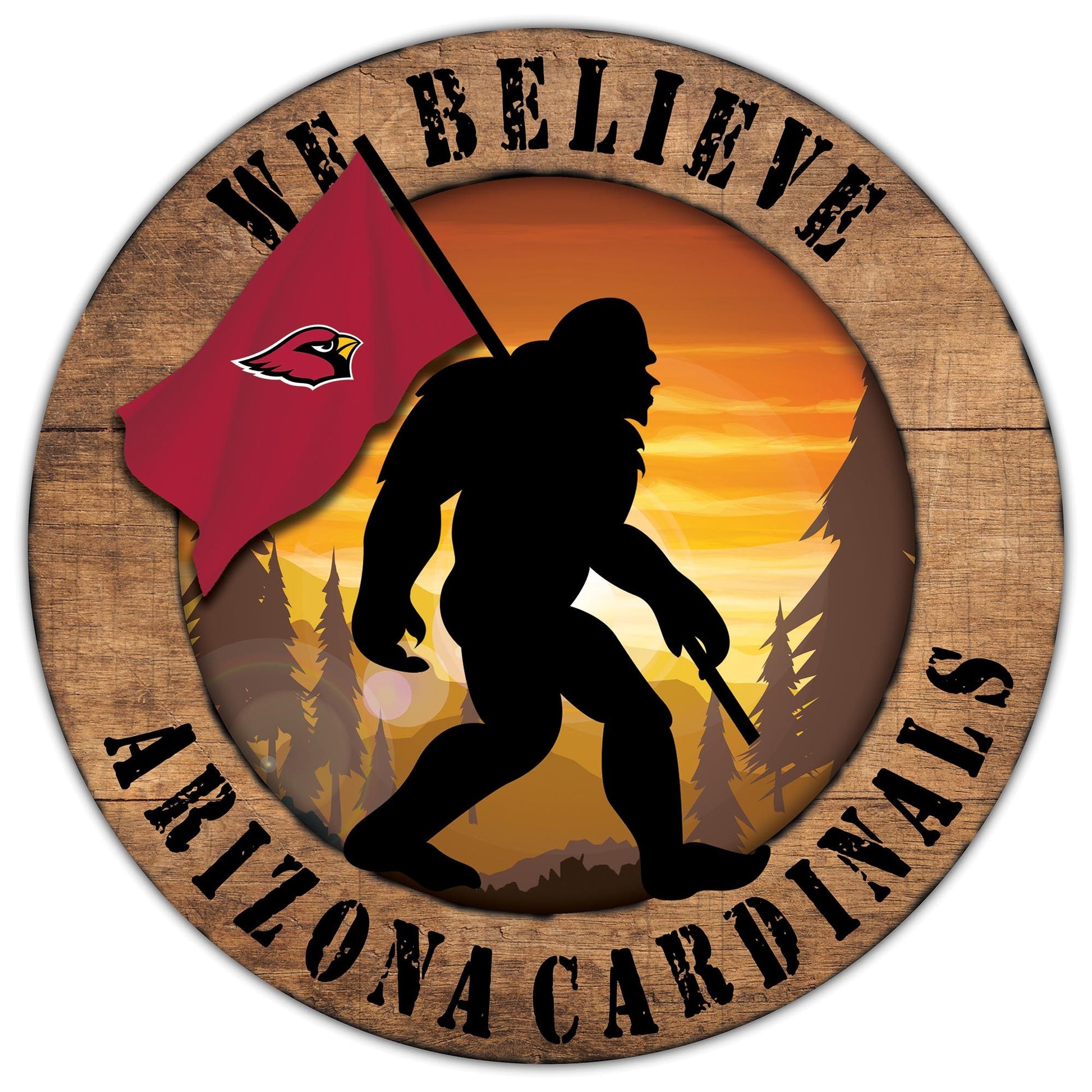 "Arizona Cardinals NFL Bigfoot Round Wooden Sign with team colors and graphics, 12 inches."