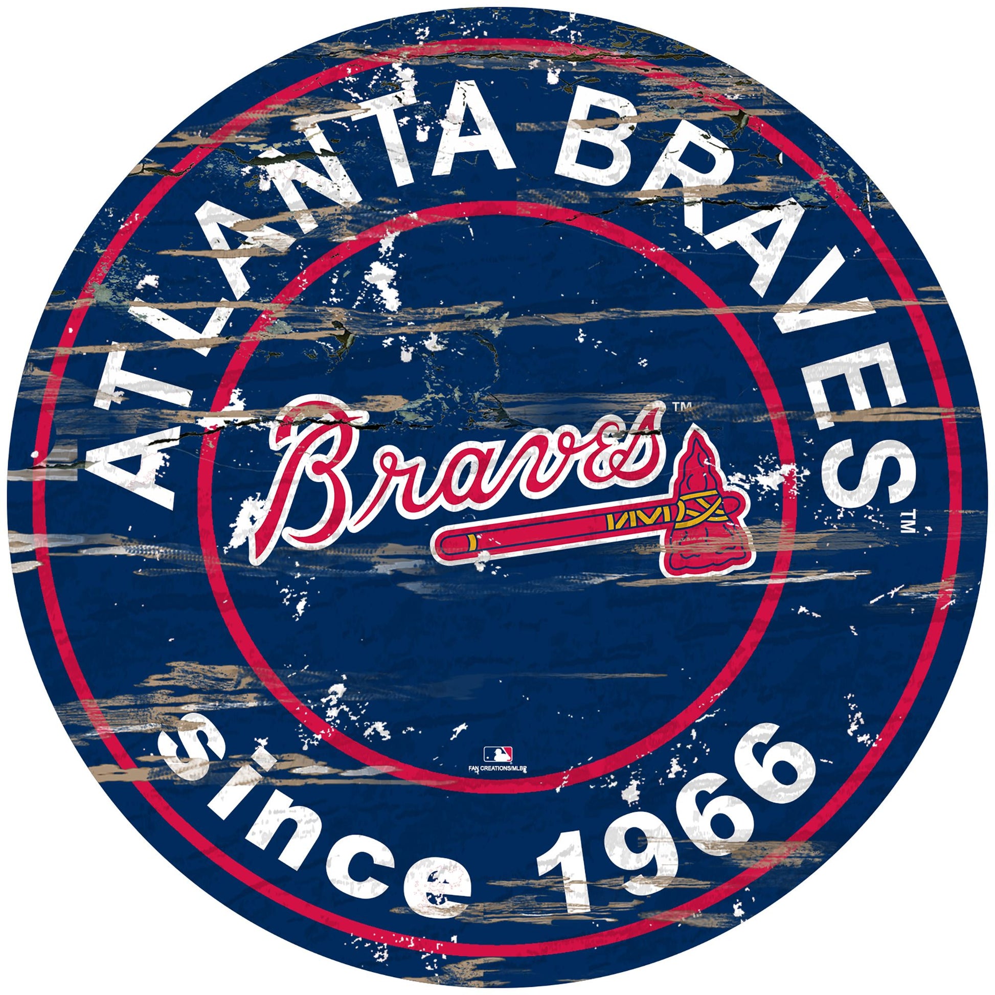 Atlanta Braves distressed round sign, 24" diameter. Features team graphics & established date. Indoor use only. Officially licensed.