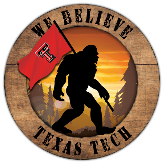 Texas Tech Red Raiders We Believe Bigfoot 12" Round Wooden Sign by Fan Creations