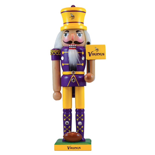 12" Minnesota Vikings Wooden Nutcracker with NFL colors, football, flag, hair, and decorative gems.