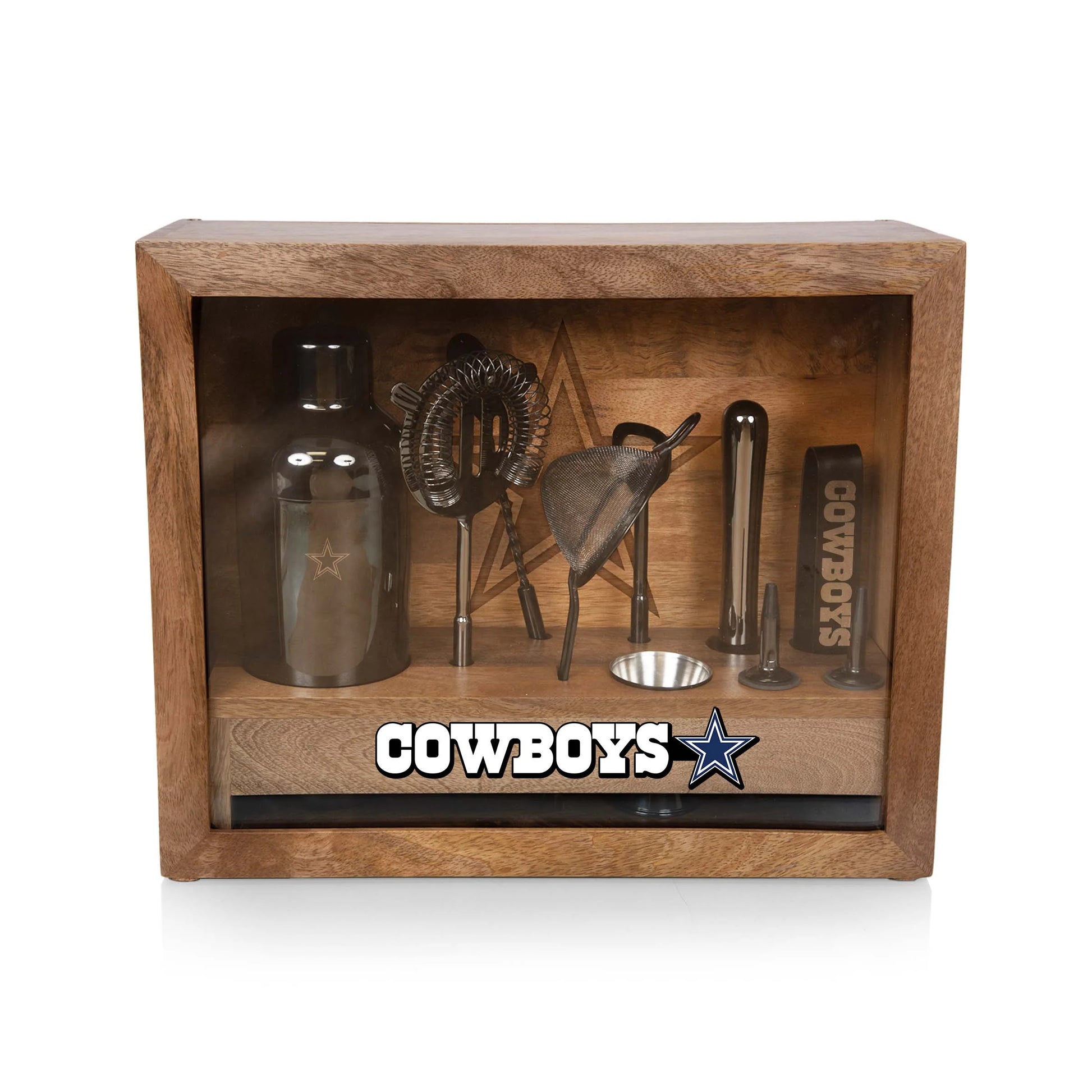Dallas Cowboys Old Fashioned Bar Set with stainless steel tools, mango wood case, glass sides, and logoed mat.