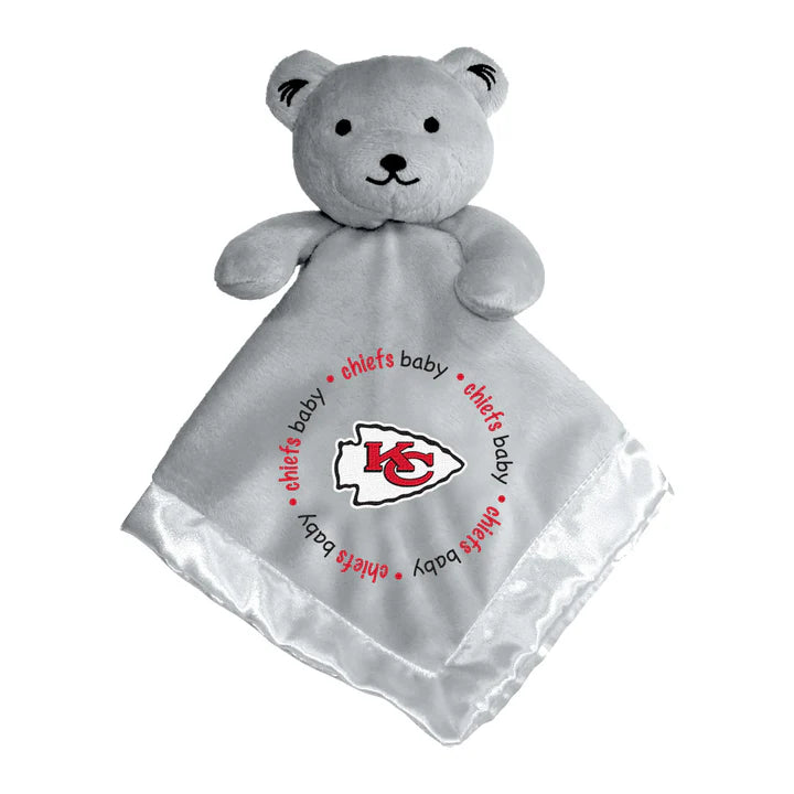 Gray security bear with embroidered Kansas City Chiefs logo, soft pile top, satin underside, and plush head and arms, 14"x14"