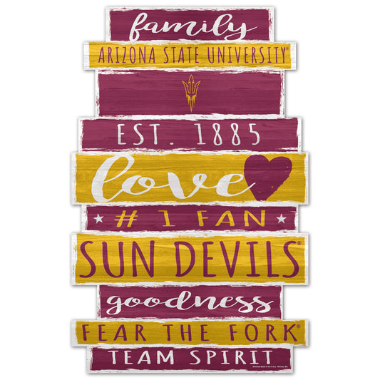 Arizona State Sun Devils Family Word Design 11x17 wood sign with bold maroon and gold NCAA graphics.