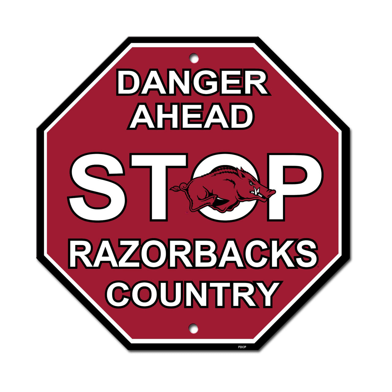 Arkansas Razorbacks NCAA Stop Sign 12x12 by Fremont Die with team colors and graphics.