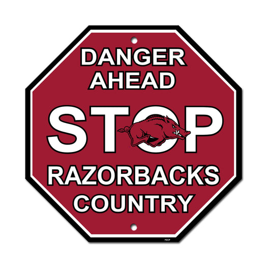 Arkansas Razorbacks NCAA Stop Sign 12x12 by Fremont Die with team colors and graphics.