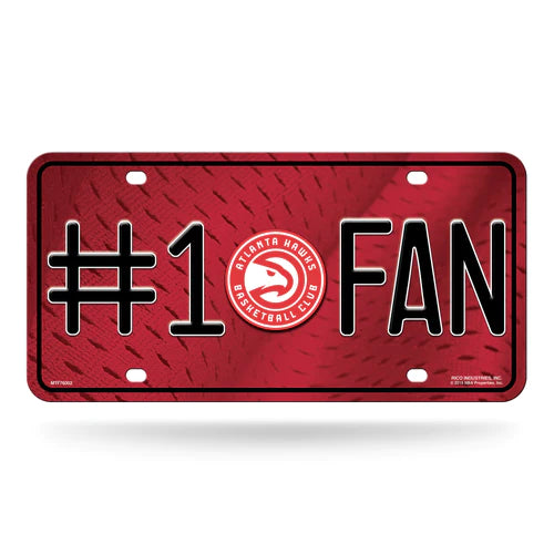 Atlanta Hawks NBA #1 Fan metal license plate tag by Rico, 6" x 12", durable weather-resistant metal with team graphics.

