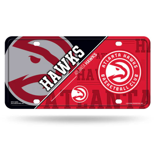 Atlanta Hawks split design NBA metal license plate tag by Rico, 6" x 12", durable weather-resistant metal with team graphics.