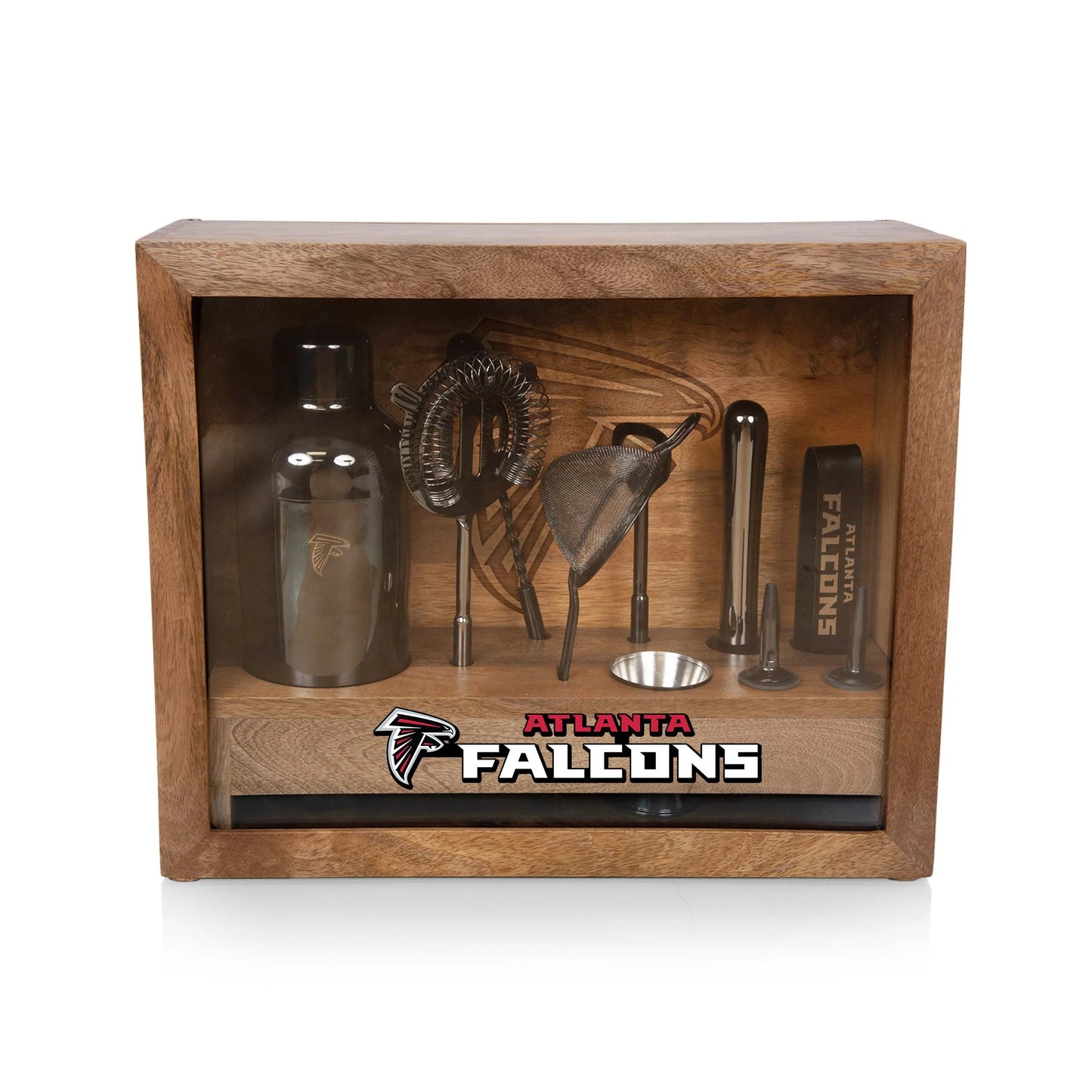 Atlanta Falcons old fashioned bar set with stainless steel tools, mango wood case, glass sides, and logo bar mat.