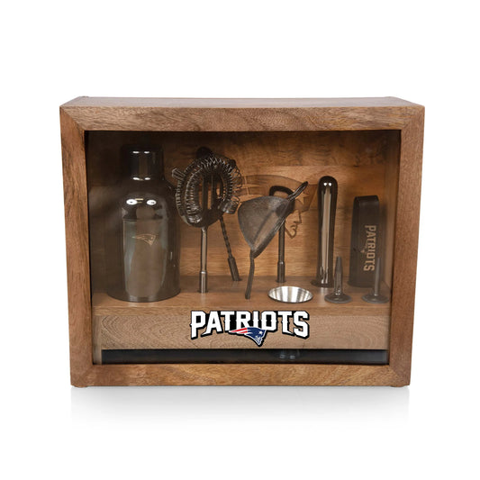New England Patriots Old Fashioned Bar Set with mango wood case and black stainless steel bartending tools.