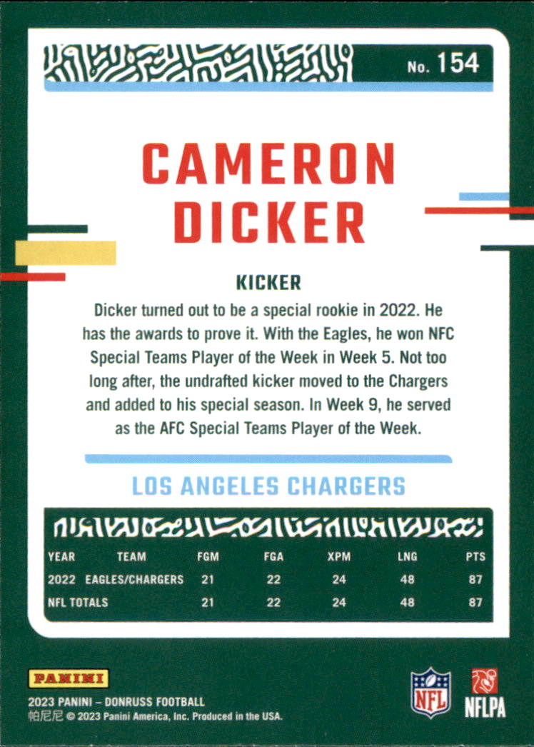 2023 Donruss #154 Cameron Dicker - Los Angeles Chargers Football Card {NM -MT}