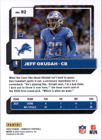 2022 Donruss #92 Jeff Okudah - Detroit Lions Football Card {NM-MT}