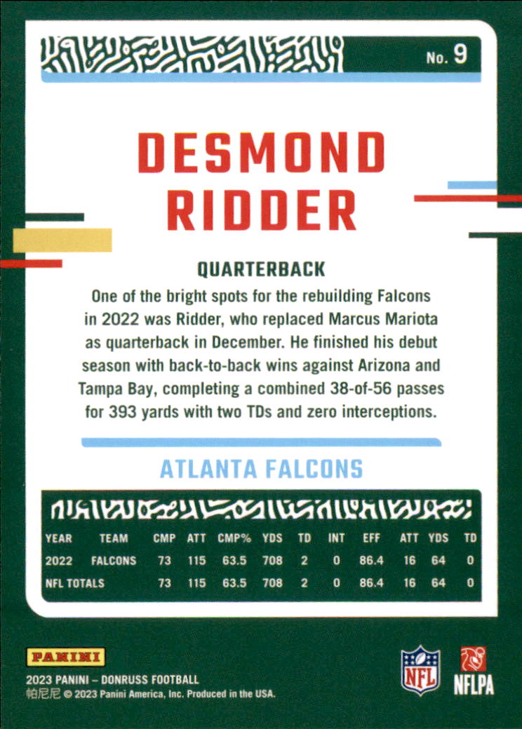 Football trading card of Desmond Ridder for the Atlanta Falcons