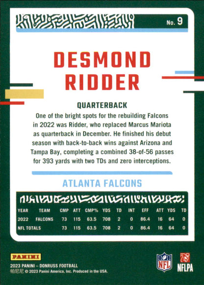 Football trading card of Desmond Ridder for the Atlanta Falcons
