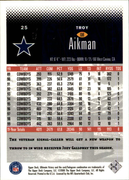 2000 Ultimate Victory #25 Troy Aikman - Dallas Cowboys Football Card {NM-MT}