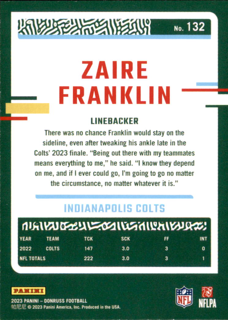 2023 Donruss #132 Zaire Franklin - Indianapolis Colts Football Card {NM-MT}