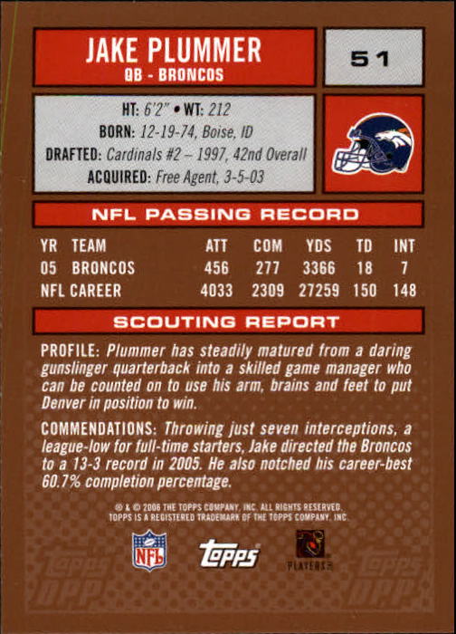 2006 Topps Draft Picks and Prospects #51 Jake Plummer - Football Card {NM-MT}