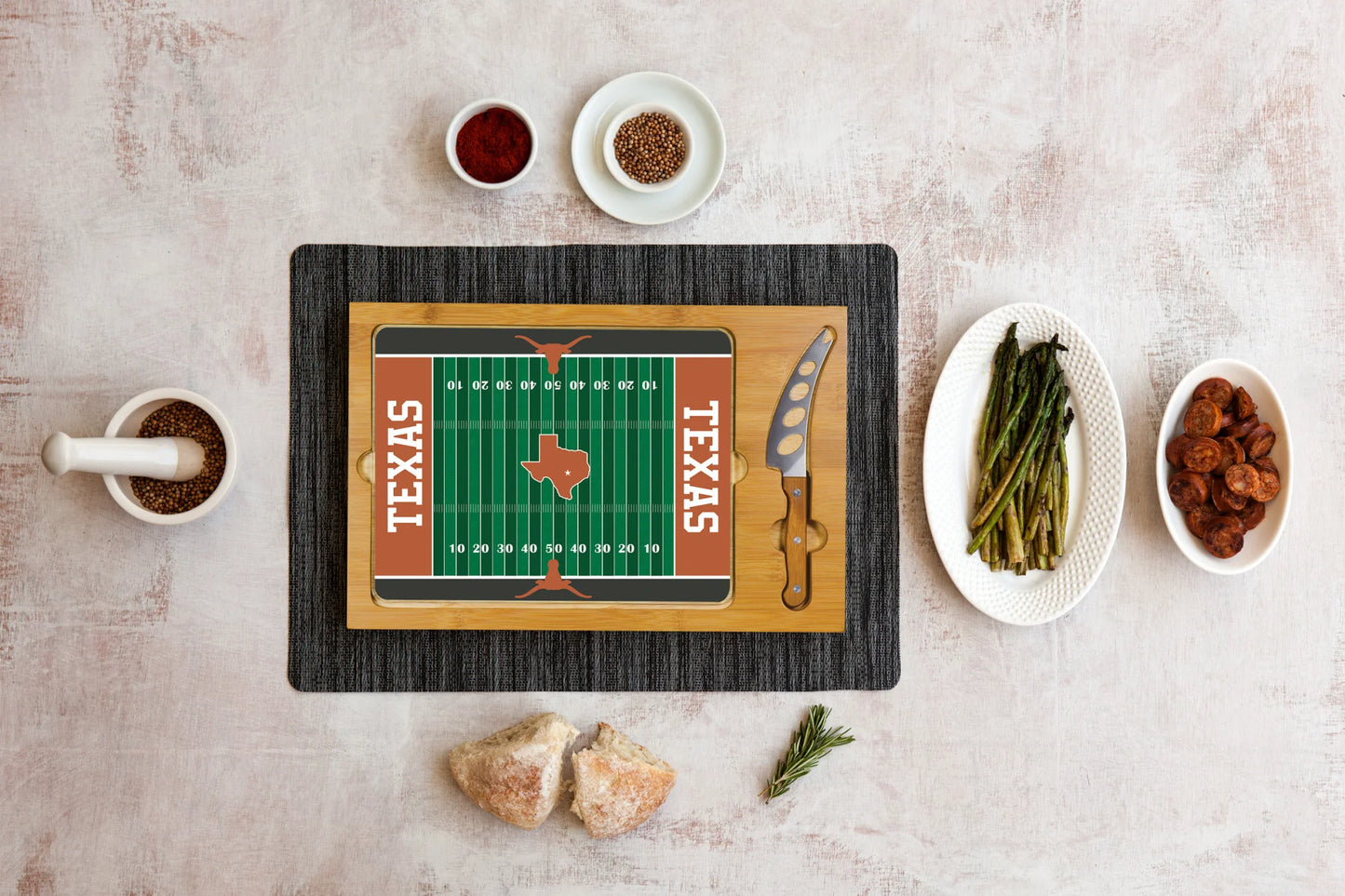 Texas Longhorns - Icon Glass Top Cutting Board & Knife Set by Picnic Time
