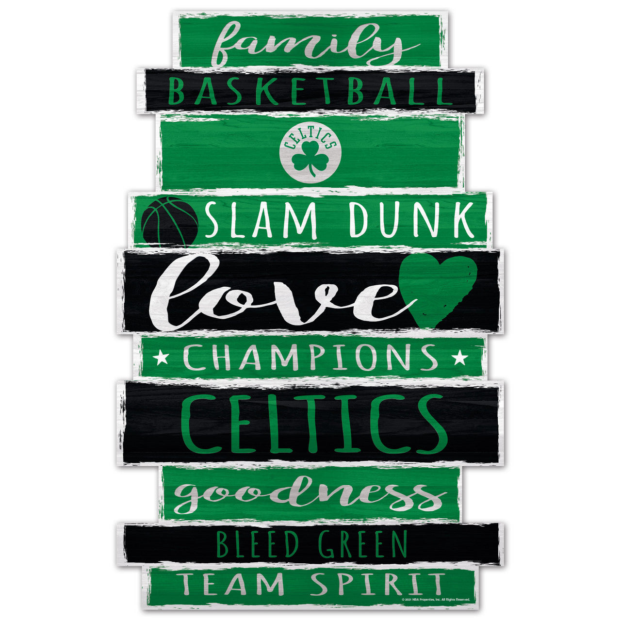 Boston Celtics NBA 11x17 Family Word Design Wood Sign with bold green and white team graphics by Wincraft.