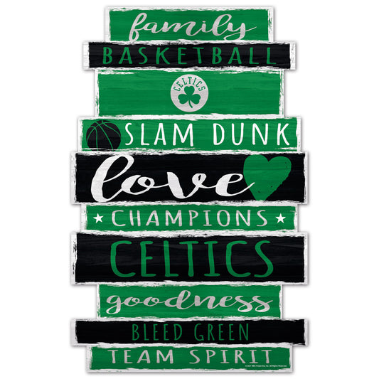 Boston Celtics NBA 11x17 Family Word Design Wood Sign with bold green and white team graphics by Wincraft.
