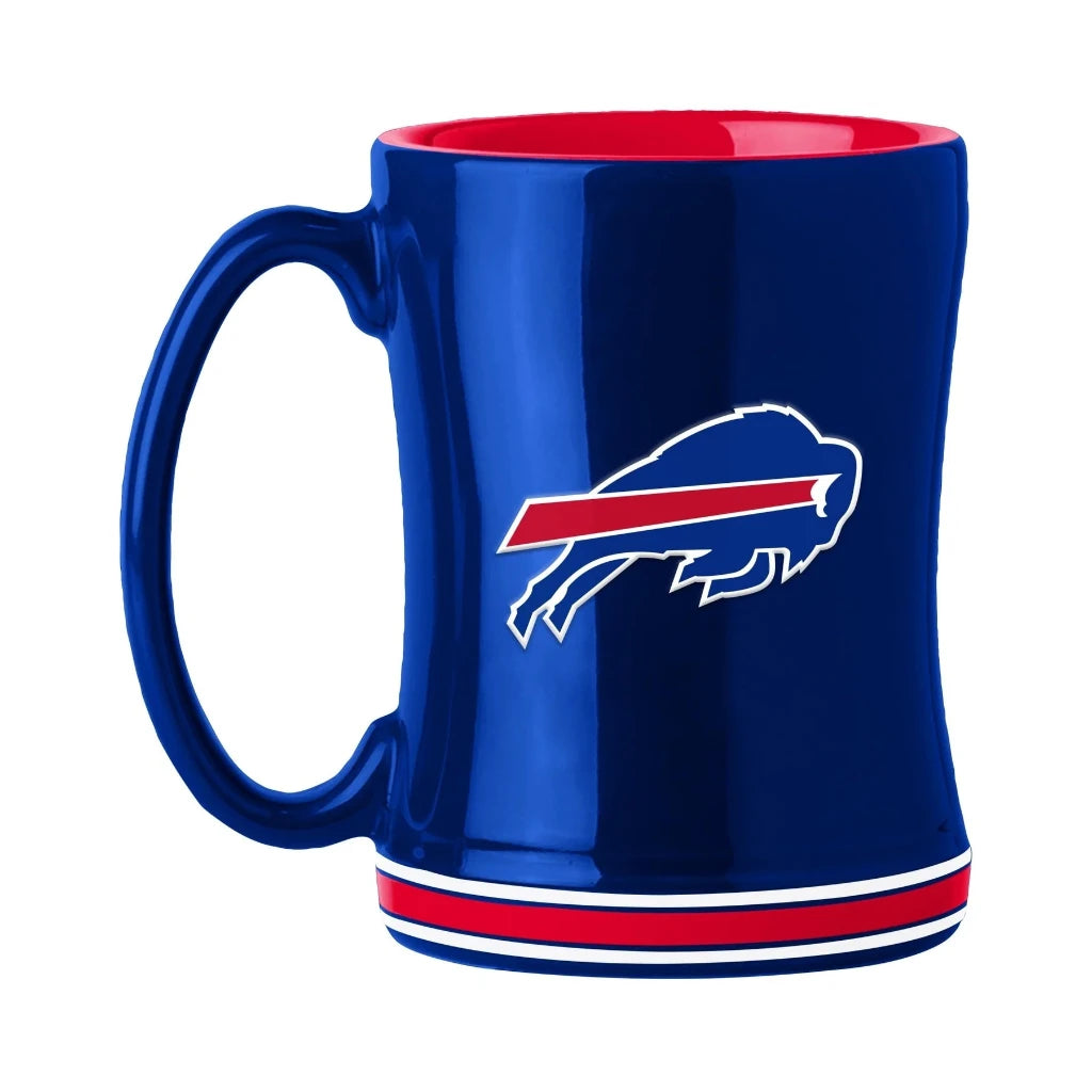Buffalo Bills 14oz ceramic coffee mug with 3D team logo and name on the handle, in team colors. Microwave and dishwasher safe.