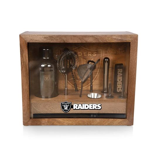 Las Vegas Raiders bar set with stainless steel tools, mango wood case, glass sides, and official team logo bar mat.
