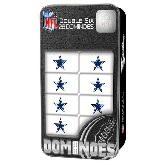 Dallas Cowboys NFL Dominoes Set with 28 resin dominoes featuring team logos, packed in a collectible tin box. Perfect for fans.