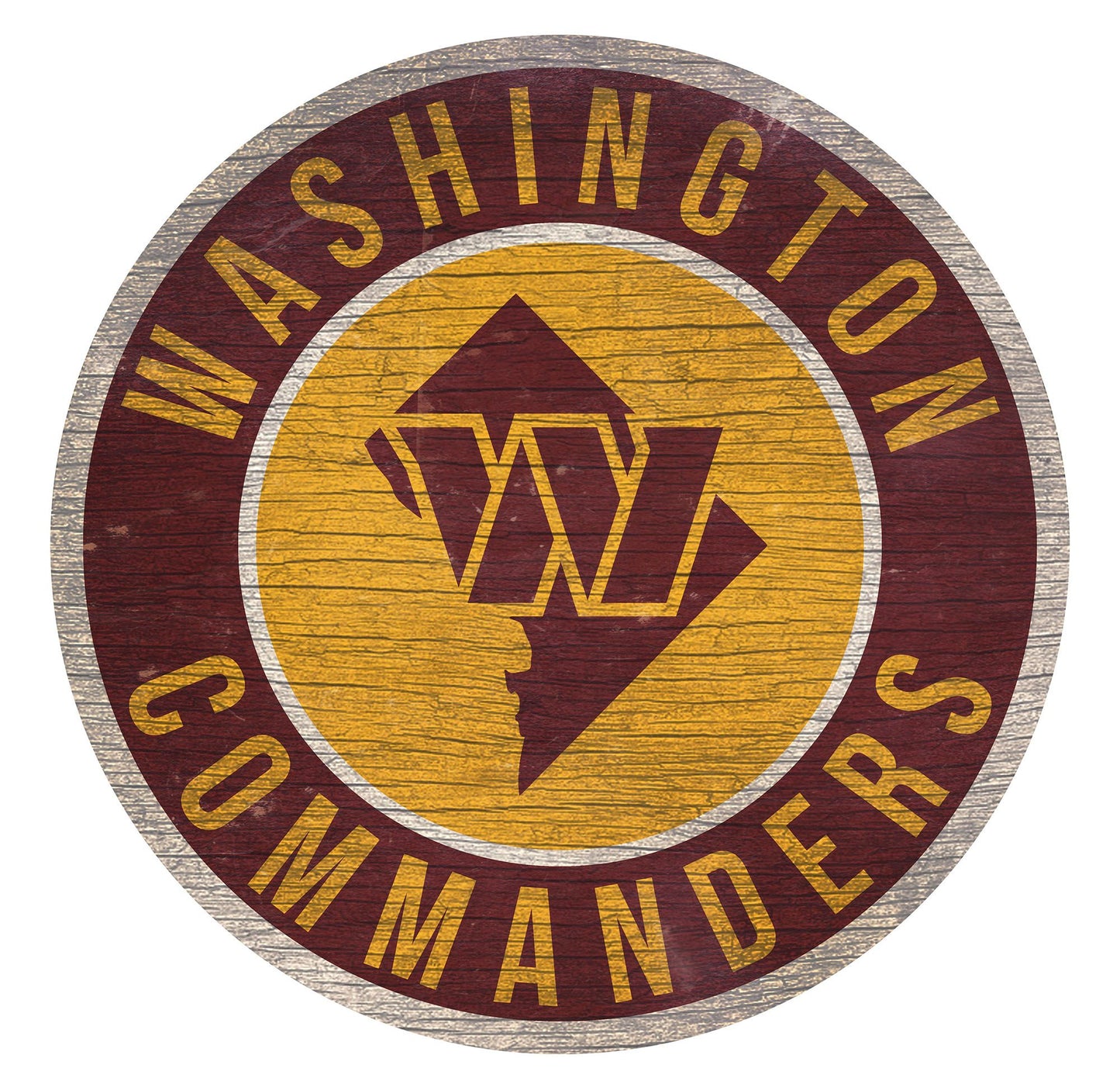 Washington Commanders 12" Round Distressed Sign with state outline, featuring team colors and logo. Made in USA, officially licensed.