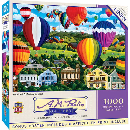 AM Poulin Hot Air Adrift Jigsaw Puzzle - 1000 pieces. Colorful hot air balloons over countryside. Precision-cut by Masterpieces.