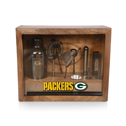 Green Bay Packers Old Fashioned Bar Set with stainless tools, mango wood case, glass sides, and team logoed bar mat.