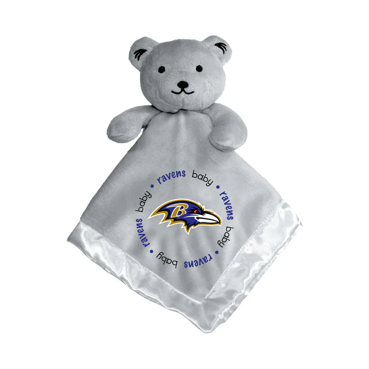 Gray security bear with embroidered Baltimore Ravens logo, soft plush top, satin underside, and plush head and arms, 14"x14".