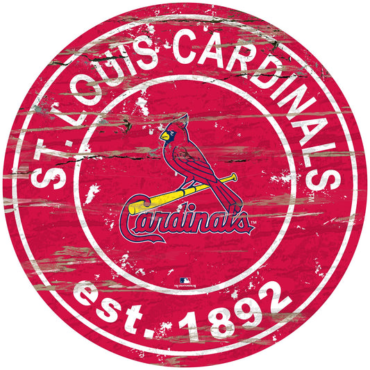 St. Louis Cardinals distressed round sign, 24" diameter. Features team graphics & established date. Indoor use only. Officially licensed