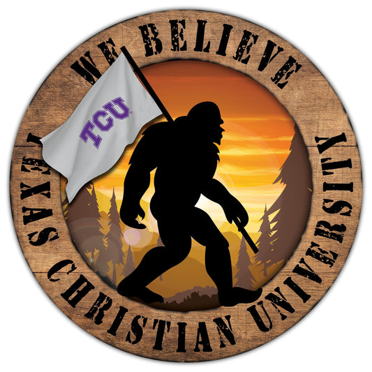 Texas Christian Horned Frogs {TCU} We Believe Bigfoot 12" Round Wooden Sign by Fan Creations