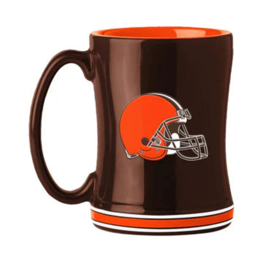 Cleveland Browns 14oz ceramic coffee mug with team colors, 3D logo, and team name on the handle. NFL licensed.