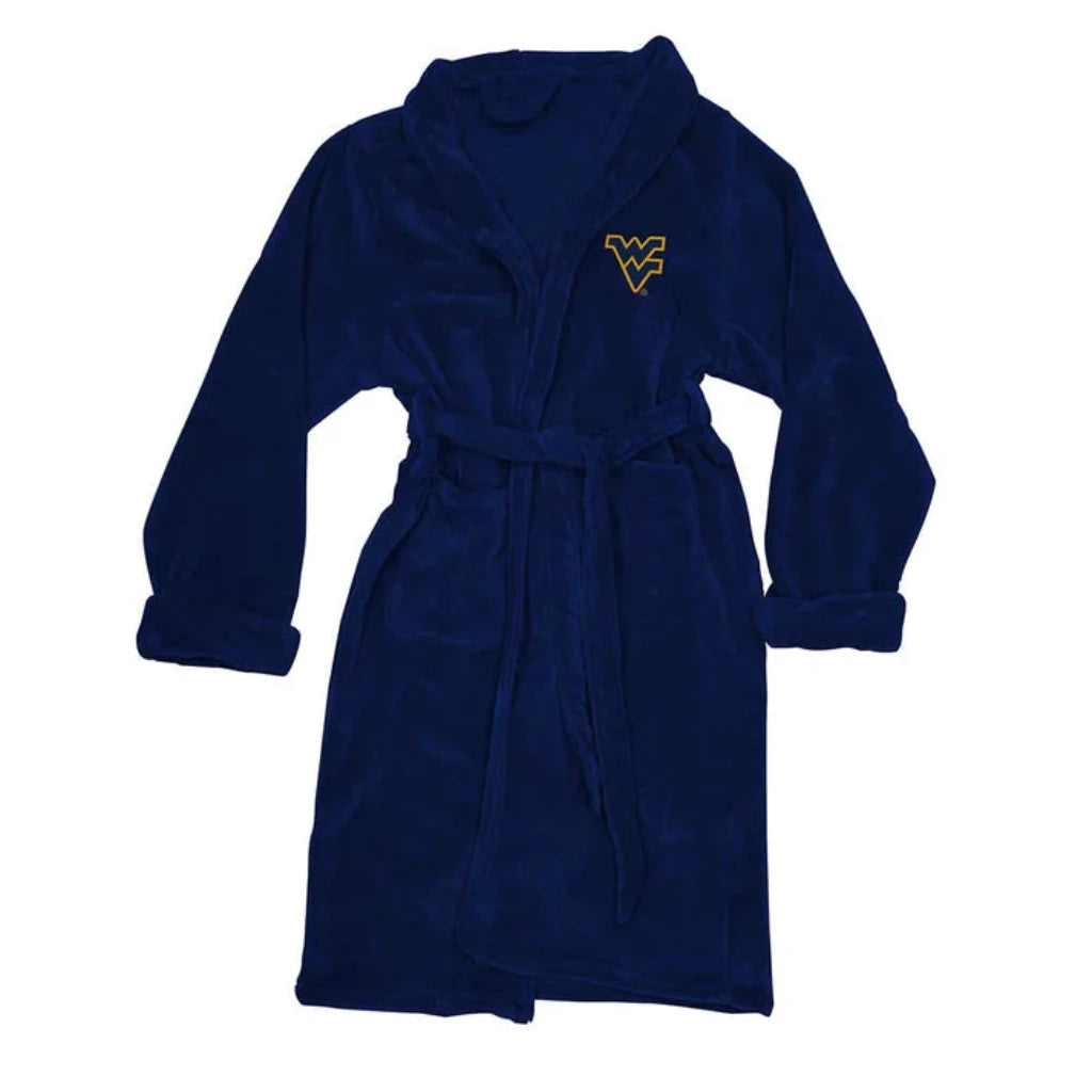 West Virginia Mountaineers NCAA Bathrobe - Silky-soft, luxurious robe with embroidered logo, pockets, and tie belt.