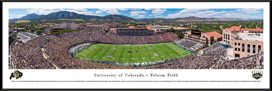 Framed panoramic print of Colorado Buffaloes 100th season at Folsom Field with Rocky Mountains in background